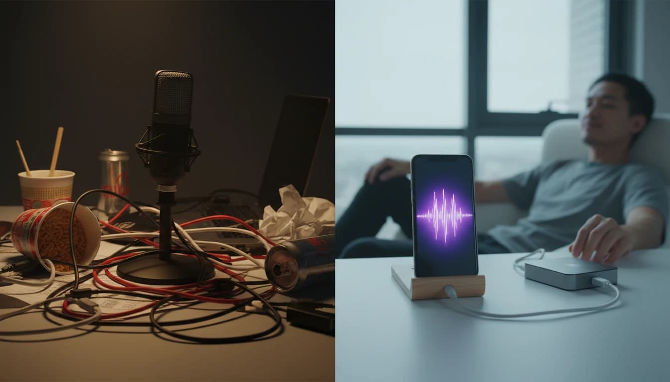 Side-by-side AI Voice Generator app comparison of a messy mic setup and a clean iPhone workflow