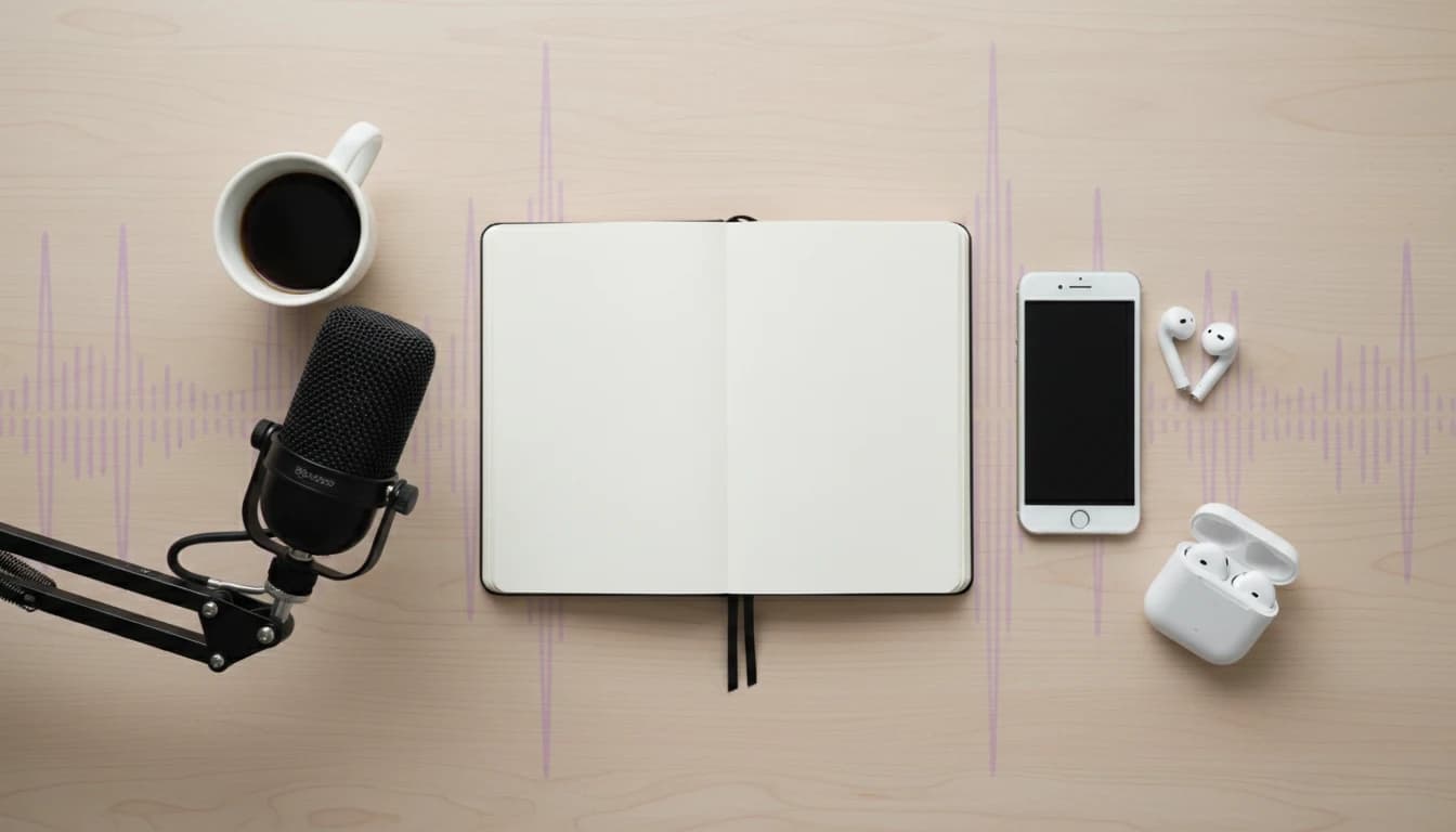 Creator desk with script, iPhone and microphone for AI Voice Generator vs text to speech