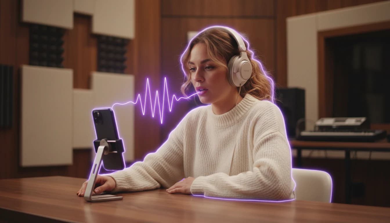 Creator recording and listening to an AI Voice Generator app voiceover